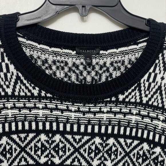 Talbots Black & White Fair Isle Crewneck Cotton/Wool Blend Sweater Size XL - Picture 4 of 9